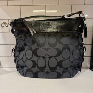 COACH Carly Black Signature Jacquard Black Leather Trim Zip C Hobo Shoulder Bag